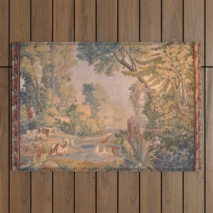 Antique 18th Century French Pastoral Sunrise Verdure Tapestry Outdoor Rug Gallery Image 1