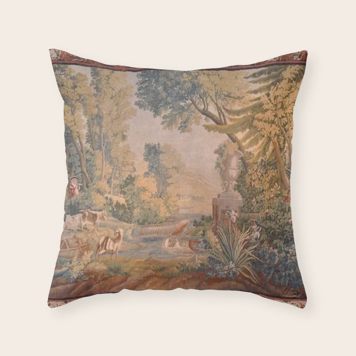 Antique 18th Century French Pastoral Sunrise Verdure Tapestry Throw Pillow Gallery Image 1