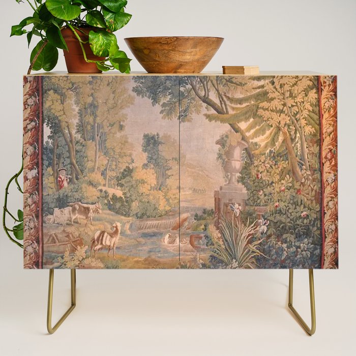 Antique 18th Century French Pastoral Sunrise Verdure Tapestry Credenza Gallery Image 1