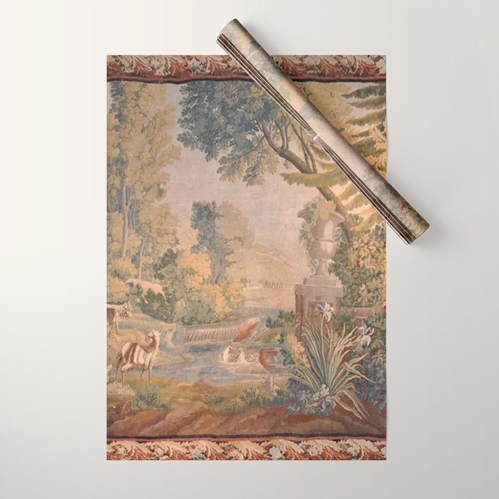 Antique 18th Century French Pastoral Sunrise Verdure Tapestry Wrapping Paper Gallery Image 1