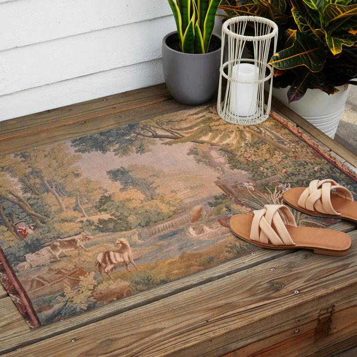 Antique 18th Century French Pastoral Sunrise Verdure Tapestry Outdoor Rug Gallery Image 2