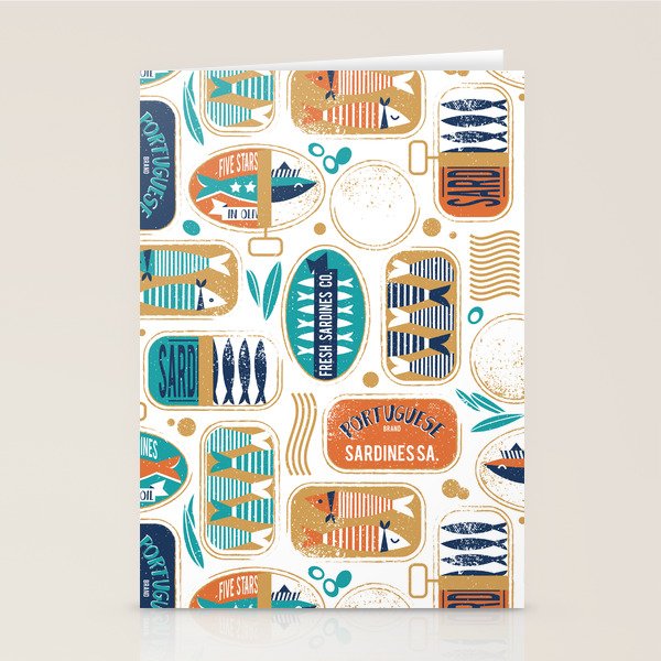 Vintage canned sardines // white background peacock teal and gold drop orange cans  Stationery Card Gallery Image 2