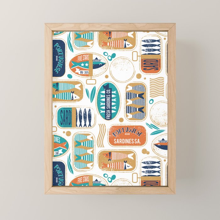 Vintage canned sardines // white background peacock teal and gold drop orange cans  Mini Art Print Gallery Image 1