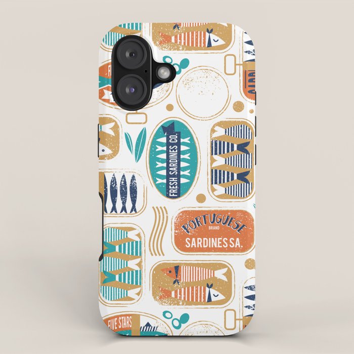 Vintage canned sardines // white background peacock teal and gold drop orange cans  iPhone Case Gallery Image 1