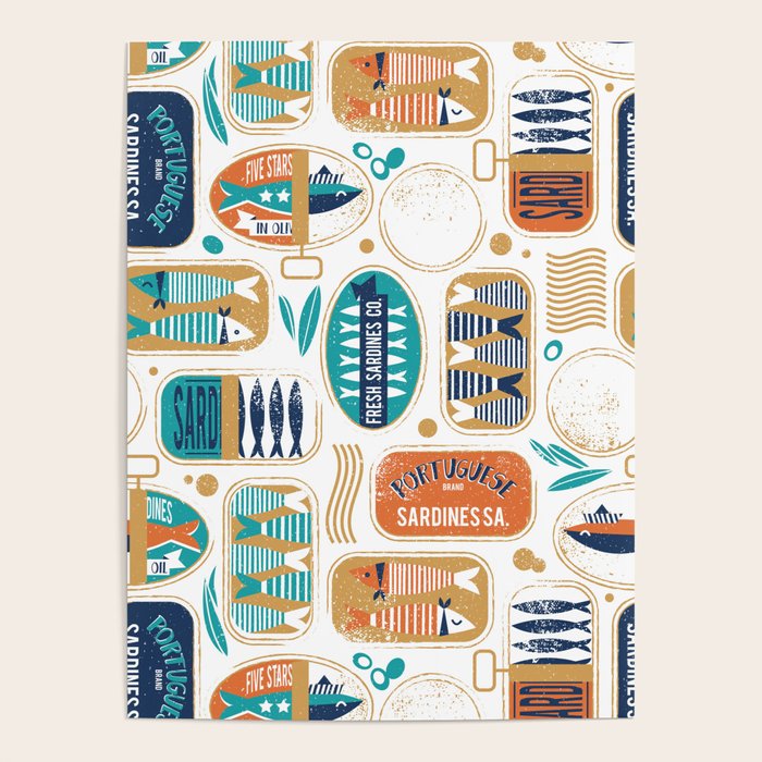 Vintage canned sardines // white background peacock teal and gold drop orange cans  Poster Gallery Image 1