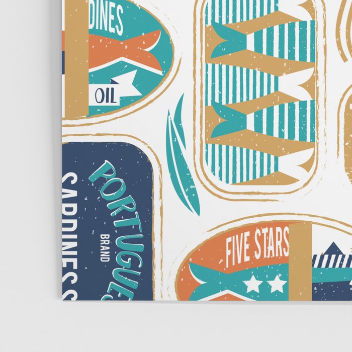 Vintage canned sardines // white background peacock teal and gold drop orange cans  Poster Gallery Image 3