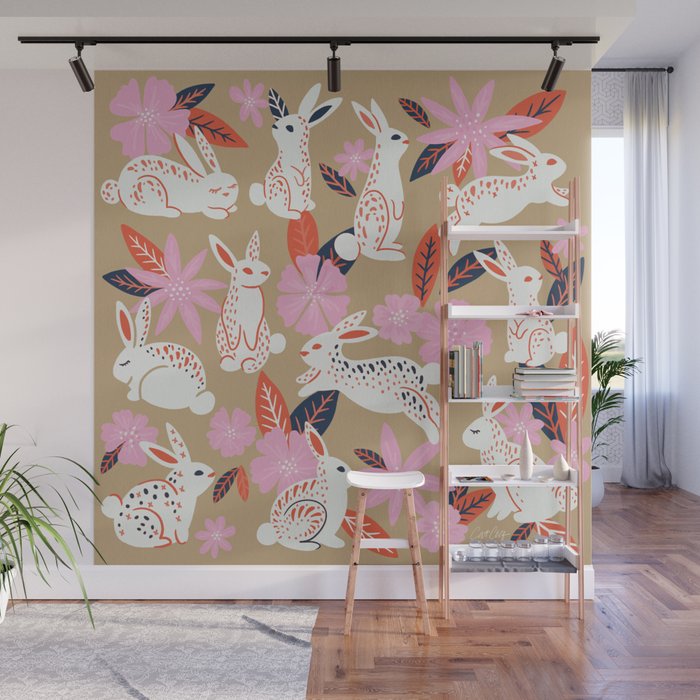 Bunnies & Blooms - Coral & Pink Wall Mural Gallery Image 1