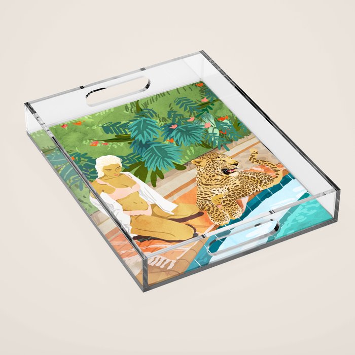 The Wild Side, Human & Nature Connection, Woman With Cheetah Cat, Tiger Painting Acrylic Tray Gallery Image 1