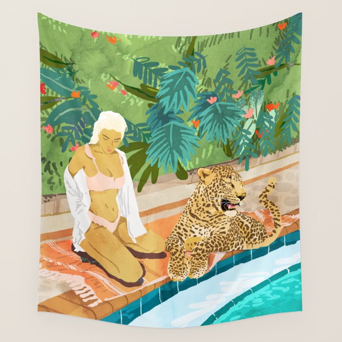 The Wild Side, Human & Nature Connection, Woman With Cheetah Cat, Tiger Painting Wall Tapestry Gallery Image 4