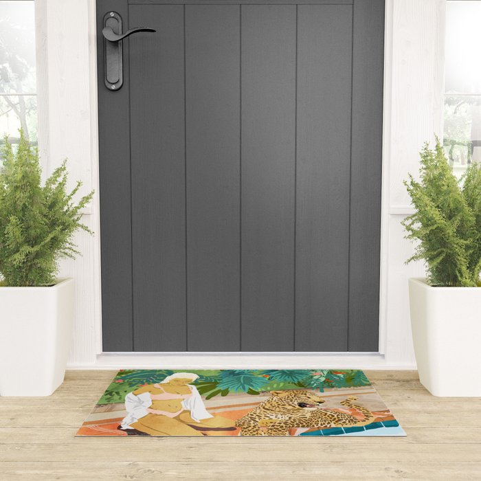 The Wild Side, Human & Nature Connection, Woman With Cheetah Cat, Tiger Painting Welcome Mat Gallery Image 3