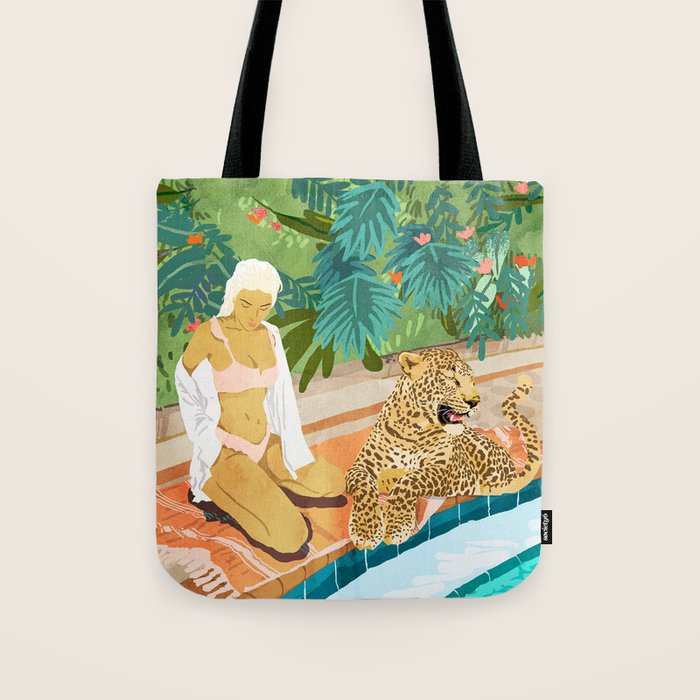 The Wild Side, Human & Nature Connection, Woman With Cheetah Cat, Tiger Painting Tote Bag Gallery Image 1
