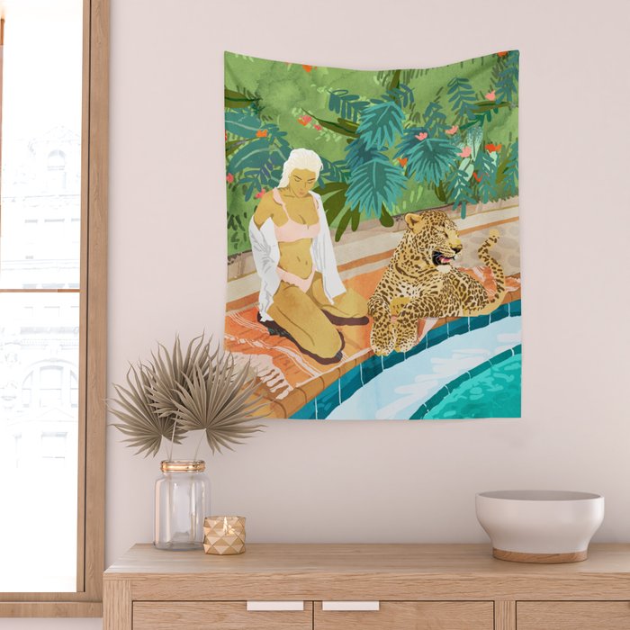 The Wild Side, Human & Nature Connection, Woman With Cheetah Cat, Tiger Painting Wall Tapestry Gallery Image 2