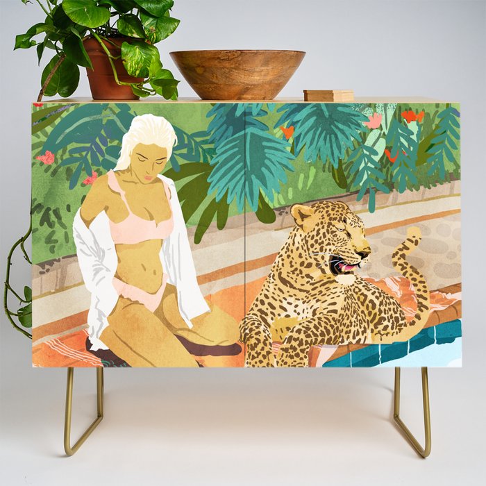The Wild Side, Human & Nature Connection, Woman With Cheetah Cat, Tiger Painting Credenza Gallery Image 1