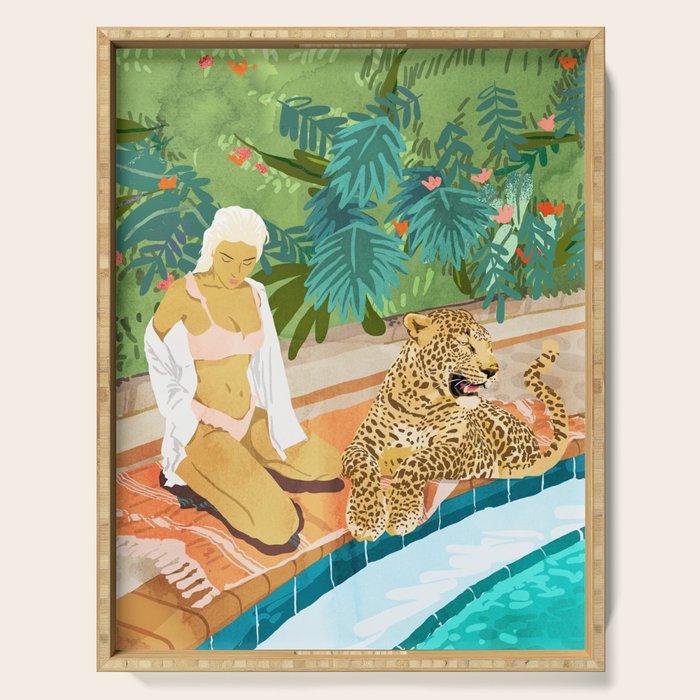 The Wild Side, Human & Nature Connection, Woman With Cheetah Cat, Tiger Painting Serving Tray Gallery Image 1
