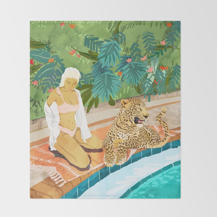 The Wild Side, Human & Nature Connection, Woman With Cheetah Cat, Tiger Painting Throw Blanket Gallery Image 2