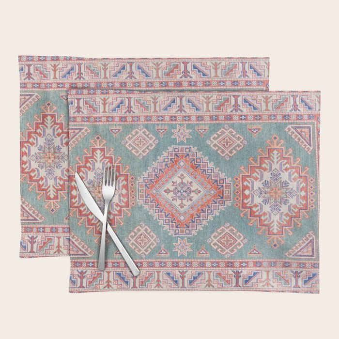 Marine Green Spiral Star Kazak Handmade Persian Rug Placemat Gallery Image 1