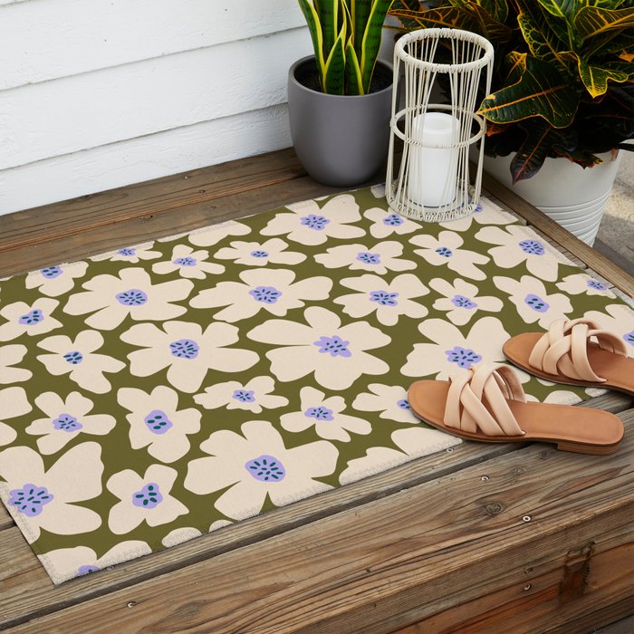Retro Daisy - cream, purple and dark olive  Outdoor Rug Gallery Image 2