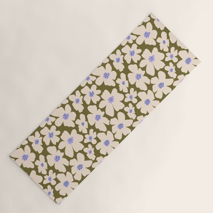 Retro Daisy - cream, purple and dark olive  Yoga Mat Gallery Image 1
