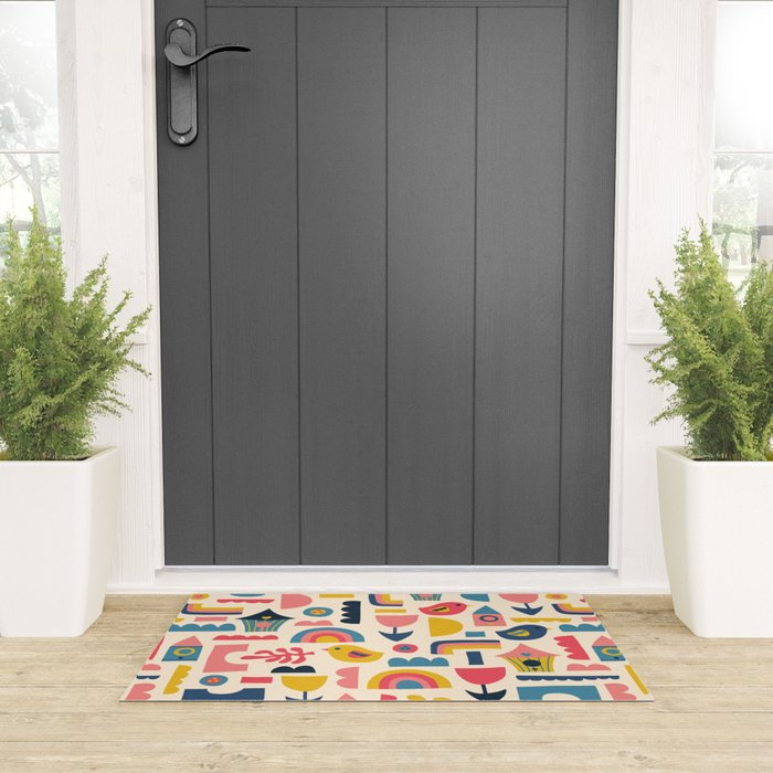 Scandinavian Birds Flowers Rainbows Kids Pattern Welcome Mat Gallery Image 3