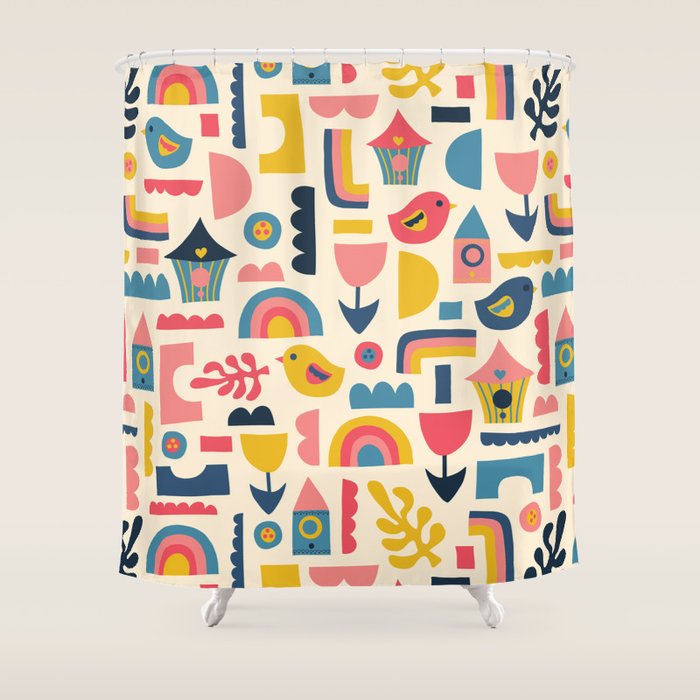 Scandinavian Birds Flowers Rainbows Kids Pattern Shower Curtain Gallery Image 1