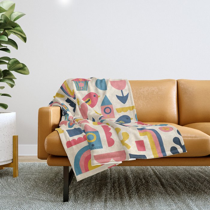 Scandinavian Birds Flowers Rainbows Kids Pattern Throw Blanket Gallery Image 1