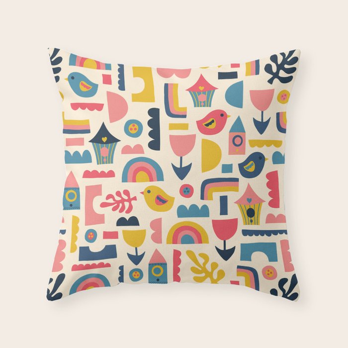 Scandinavian Birds Flowers Rainbows Kids Pattern Throw Pillow Gallery Image 6