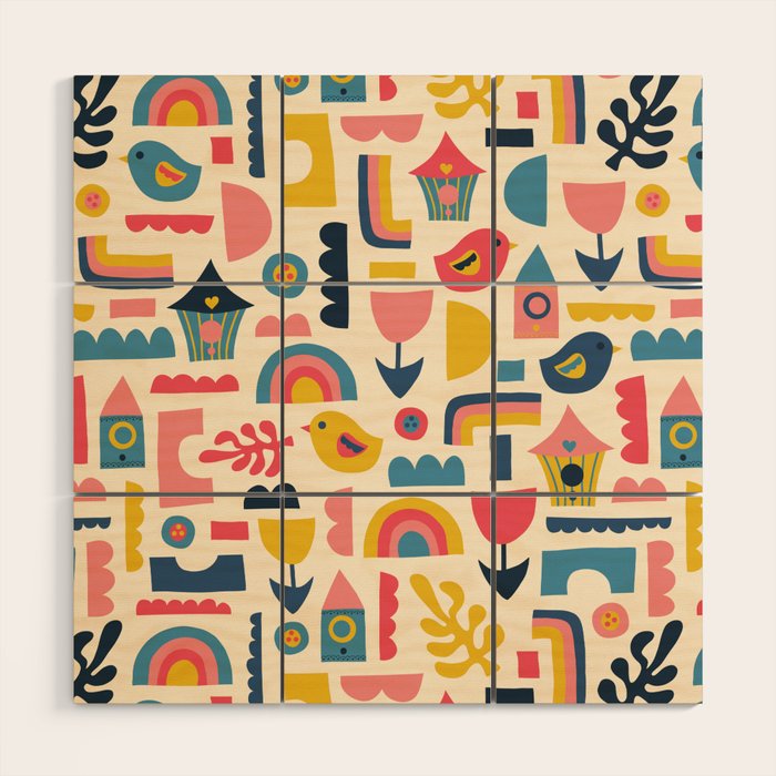 Scandinavian Birds Flowers Rainbows Kids Pattern Wood Wall Art Gallery Image 1