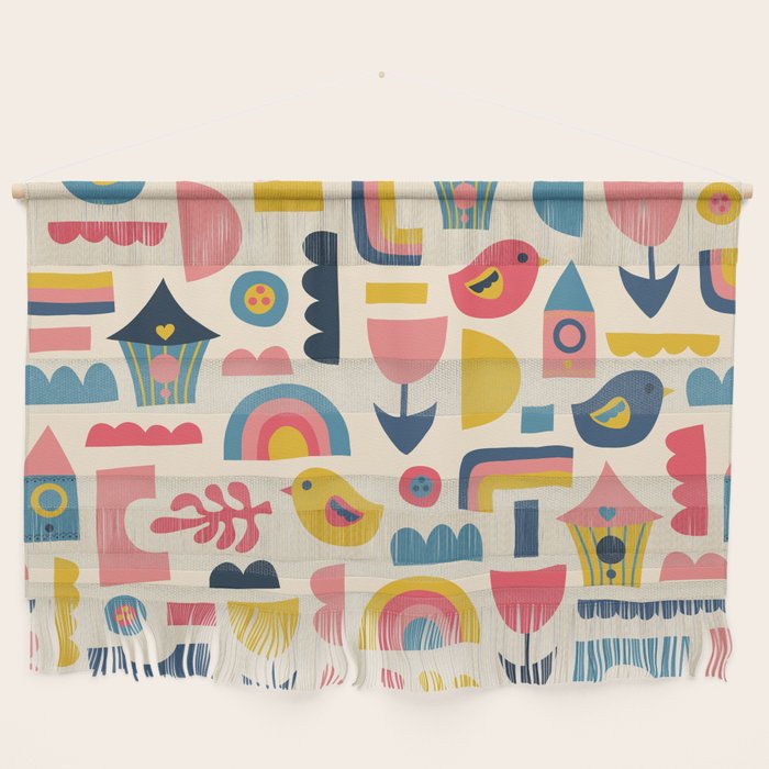 Scandinavian Birds Flowers Rainbows Kids Pattern Wall Hanging Gallery Image 1
