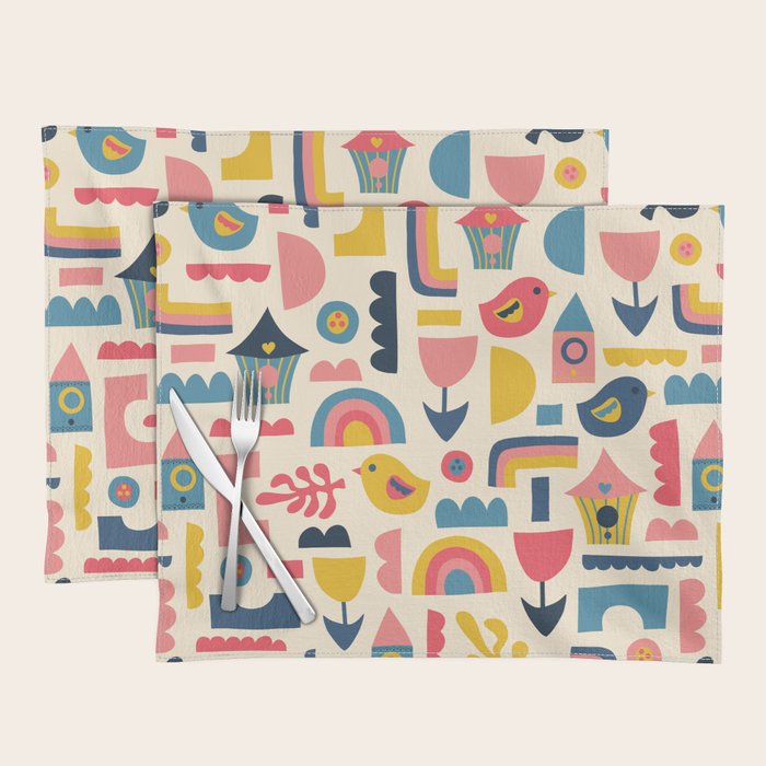 Scandinavian Birds Flowers Rainbows Kids Pattern Placemat Gallery Image 1
