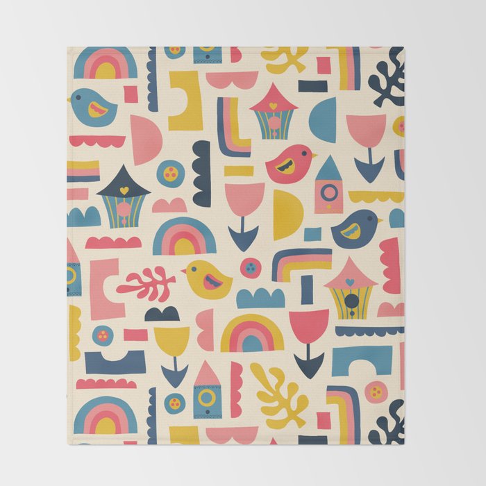 Scandinavian Birds Flowers Rainbows Kids Pattern Throw Blanket Gallery Image 2