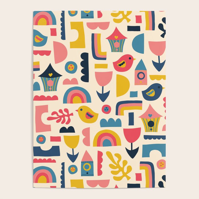 Scandinavian Birds Flowers Rainbows Kids Pattern Poster Gallery Image 4