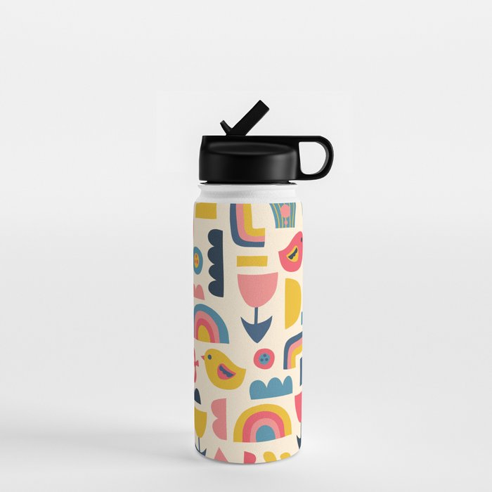 Scandinavian Birds Flowers Rainbows Kids Pattern Water Bottle Gallery Image 1