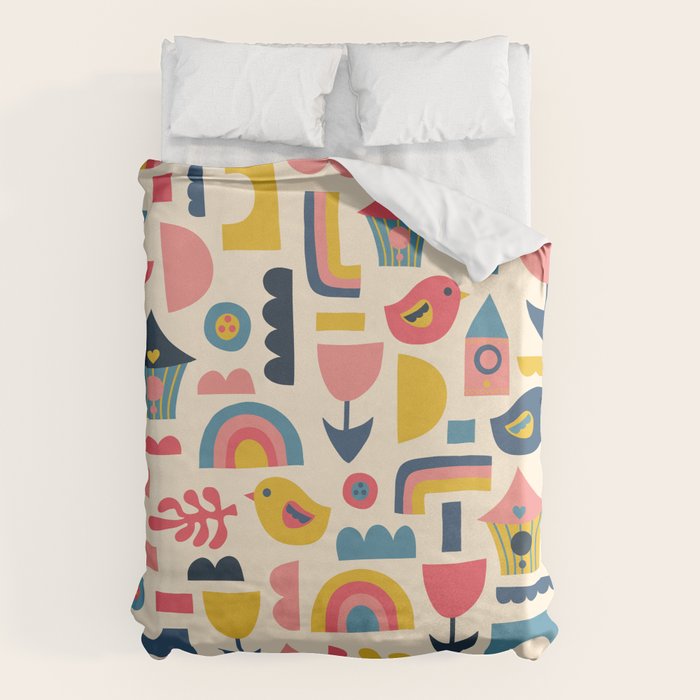 Scandinavian Birds Flowers Rainbows Kids Pattern Duvet Cover Gallery Image 1