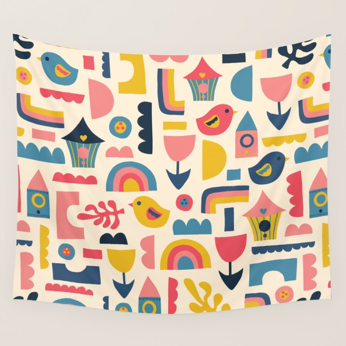 Scandinavian Birds Flowers Rainbows Kids Pattern Wall Tapestry Gallery Image 1