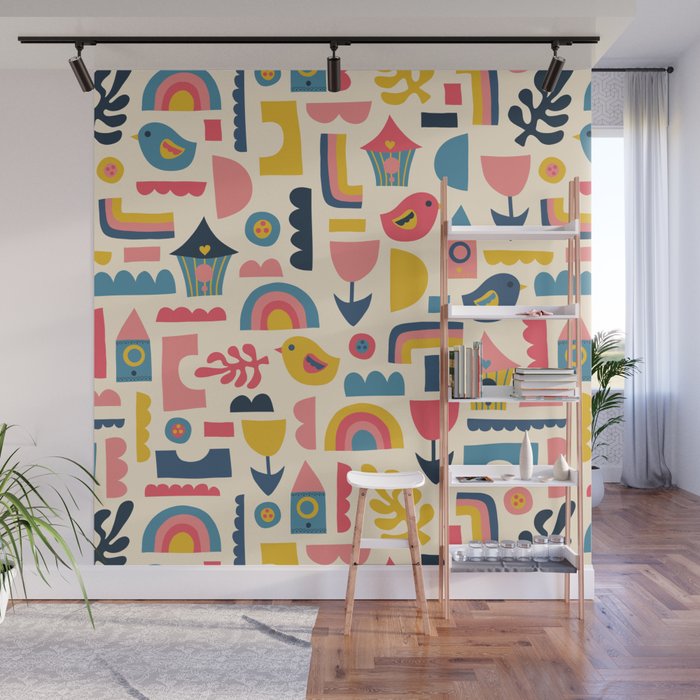 Scandinavian Birds Flowers Rainbows Kids Pattern Wall Mural Gallery Image 1