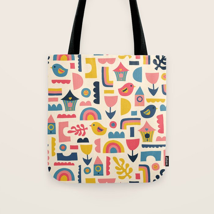 Scandinavian Birds Flowers Rainbows Kids Pattern Tote Bag Gallery Image 1