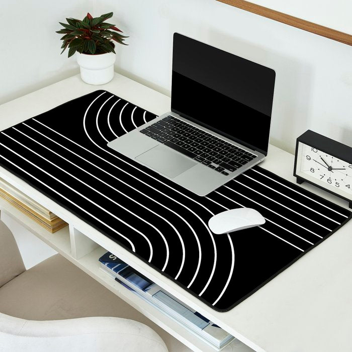 Minimal Line Curvature II Black and White Mid Century Modern Arch Abstract Desk Mat Gallery Image 2