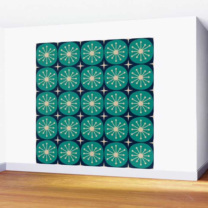 Mid Century Modern Atomic Dots and Stars Retro Pattern in Mid Mod Teal Turquoise Navy Blue Beige Wall Mural Gallery Image 2