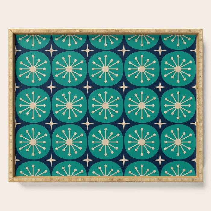 Mid Century Modern Atomic Dots and Stars Retro Pattern in Mid Mod Teal Turquoise Navy Blue Beige Serving Tray Gallery Image 1