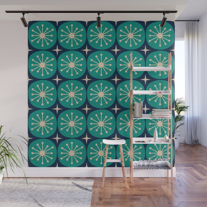 Mid Century Modern Atomic Dots and Stars Retro Pattern in Mid Mod Teal Turquoise Navy Blue Beige Wall Mural Gallery Image 1