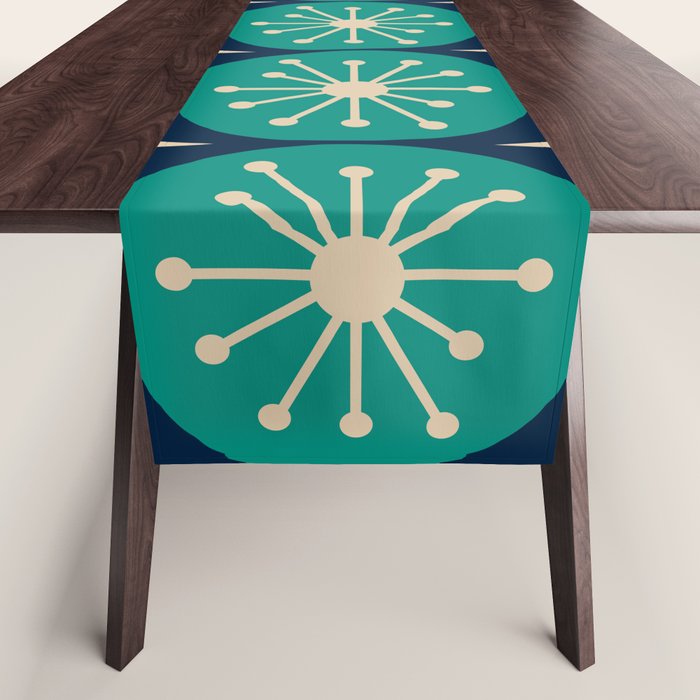 Mid Century Modern Atomic Dots and Stars Retro Pattern in Mid Mod Teal Turquoise Navy Blue Beige Table Runner Gallery Image 1