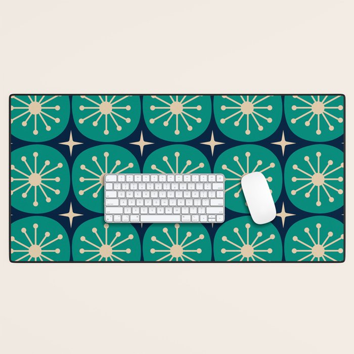 Mid Century Modern Atomic Dots and Stars Retro Pattern in Mid Mod Teal Turquoise Navy Blue Beige Desk Mat Gallery Image 1