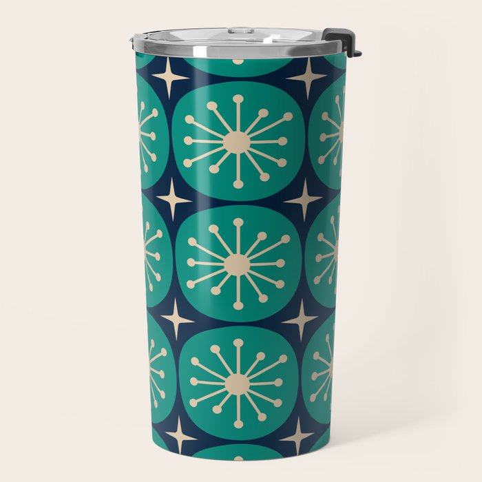 Mid Century Modern Atomic Dots and Stars Retro Pattern in Mid Mod Teal Turquoise Navy Blue Beige Travel Mug Gallery Image 2