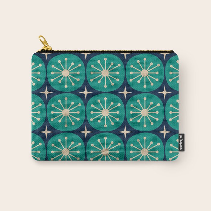 Mid Century Modern Atomic Dots and Stars Retro Pattern in Mid Mod Teal Turquoise Navy Blue Beige Carry All Pouch Gallery Image 1