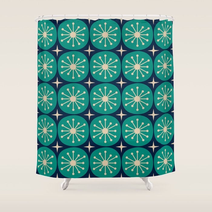 Mid Century Modern Atomic Dots and Stars Retro Pattern in Mid Mod Teal Turquoise Navy Blue Beige Shower Curtain Gallery Image 1