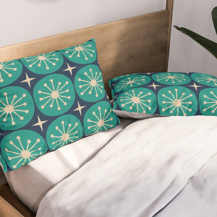 Mid Century Modern Atomic Dots and Stars Retro Pattern in Mid Mod Teal Turquoise Navy Blue Beige Pillow Sham Gallery Image 2