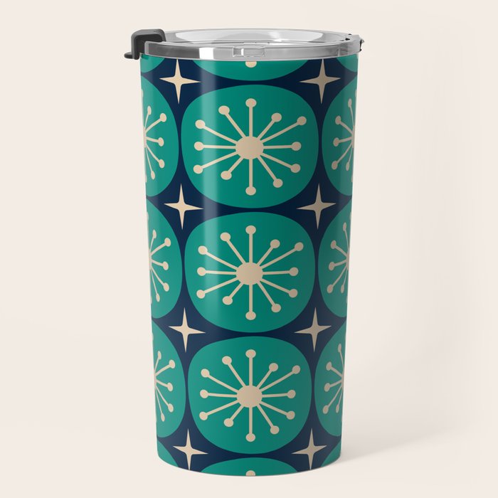 Mid Century Modern Atomic Dots and Stars Retro Pattern in Mid Mod Teal Turquoise Navy Blue Beige Travel Mug Gallery Image 3