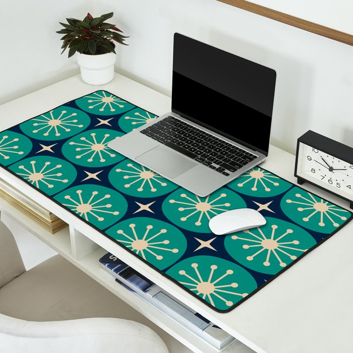 Mid Century Modern Atomic Dots and Stars Retro Pattern in Mid Mod Teal Turquoise Navy Blue Beige Desk Mat Gallery Image 2