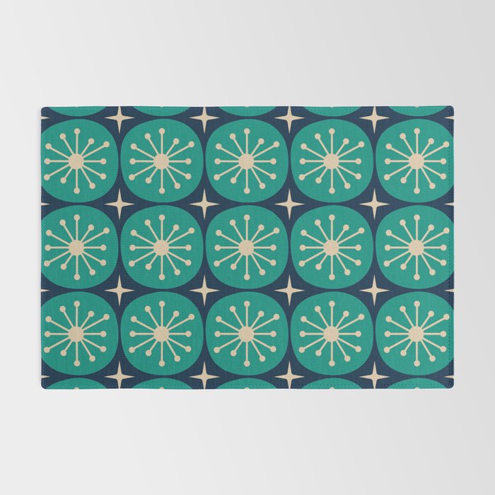 Mid Century Modern Atomic Dots and Stars Retro Pattern in Mid Mod Teal Turquoise Navy Blue Beige Rug Gallery Image 2