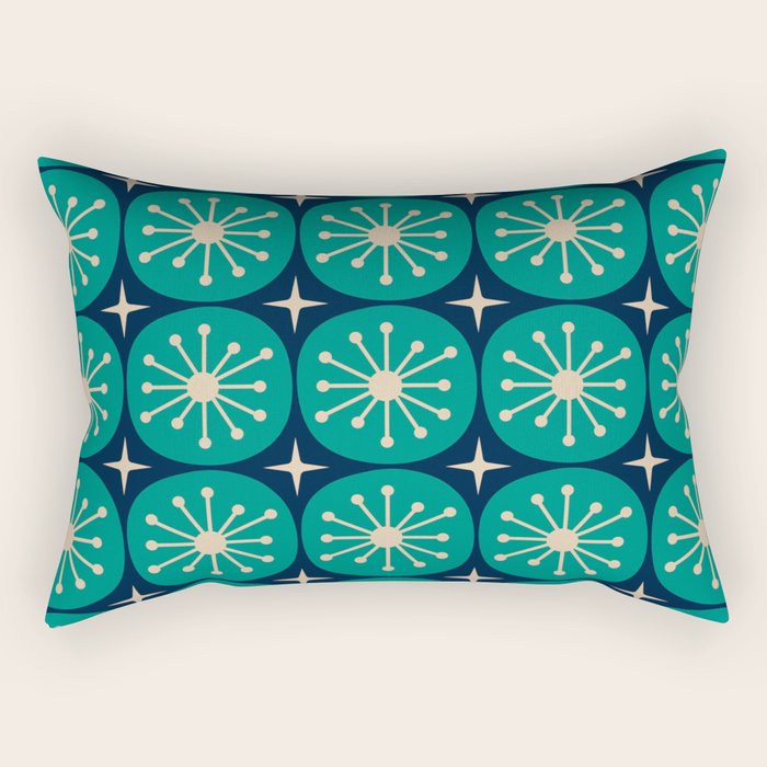 Mid Century Modern Atomic Dots and Stars Retro Pattern in Mid Mod Teal Turquoise Navy Blue Beige Rectangular Pillow Gallery Image 2